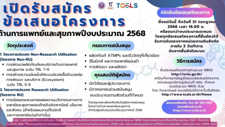 TCELS เปิดรับข้อเสนอโครงการด้านการแพทย์และสุขภาพ ปี2568 (ด้าน ATMPs genomics Drug)